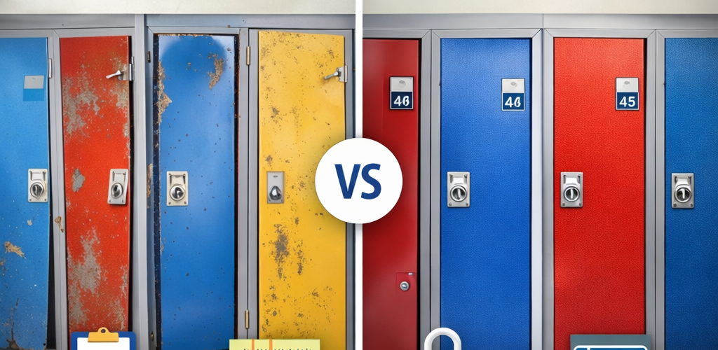 Damaged and well-maintained lockers comparison showing dents, scratches and properly maintained locker units