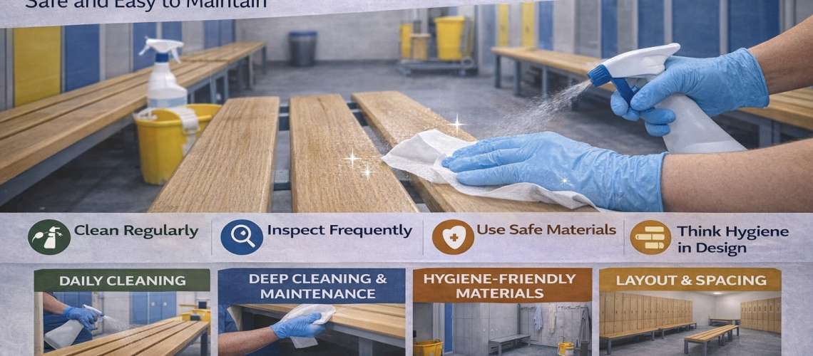 Cleaning changing room bench surface with hygienic wipe in a UK locker room environment