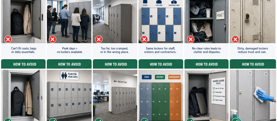 Office locker planning mistakes illustrated in a modern workplace showing good and poor locker sizing, layout and storage setup