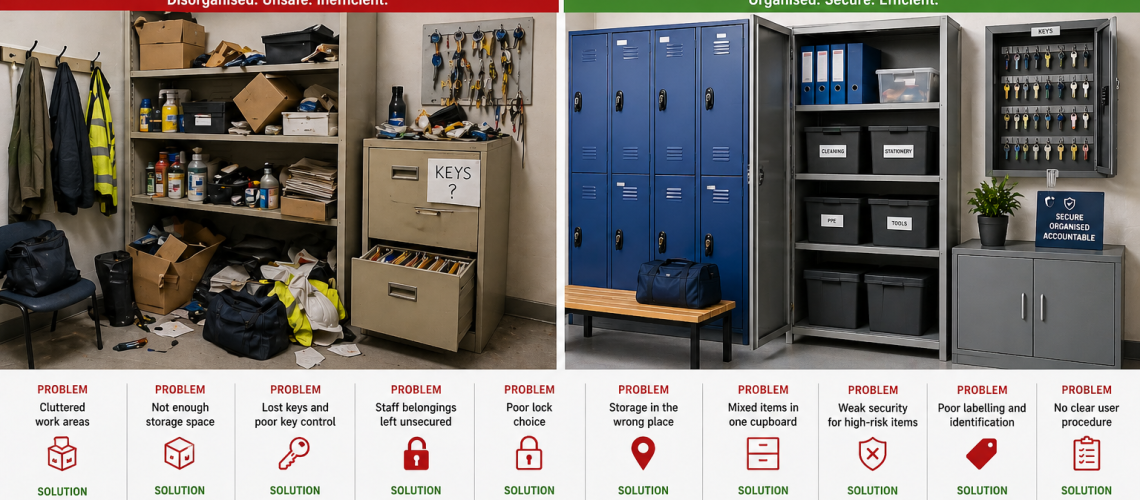 Comparison of cluttered workplace storage and organised storage system with lockers, cabinets and labelled areas in a UK workplace
