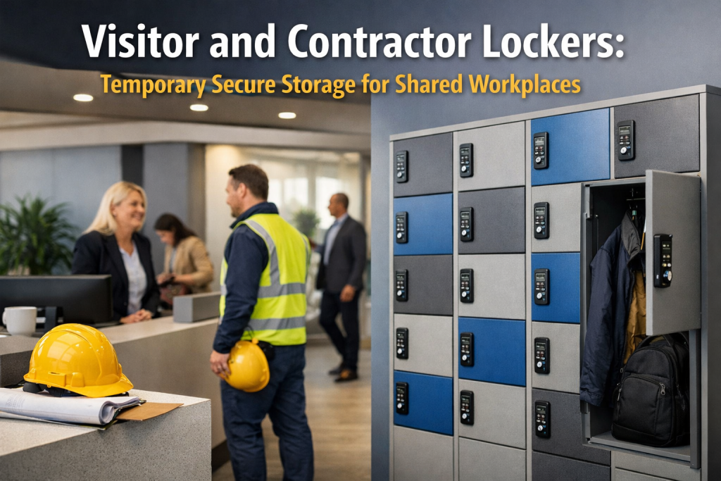 Hybrid workplace locker area comparing assigned staff lockers with shared day-use storage
