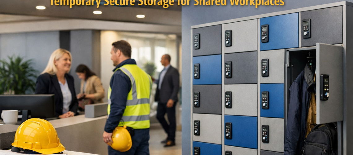 Visitor and contractor lockers in a shared workplace with temporary secure storage near reception for bags, coats and personal belongings