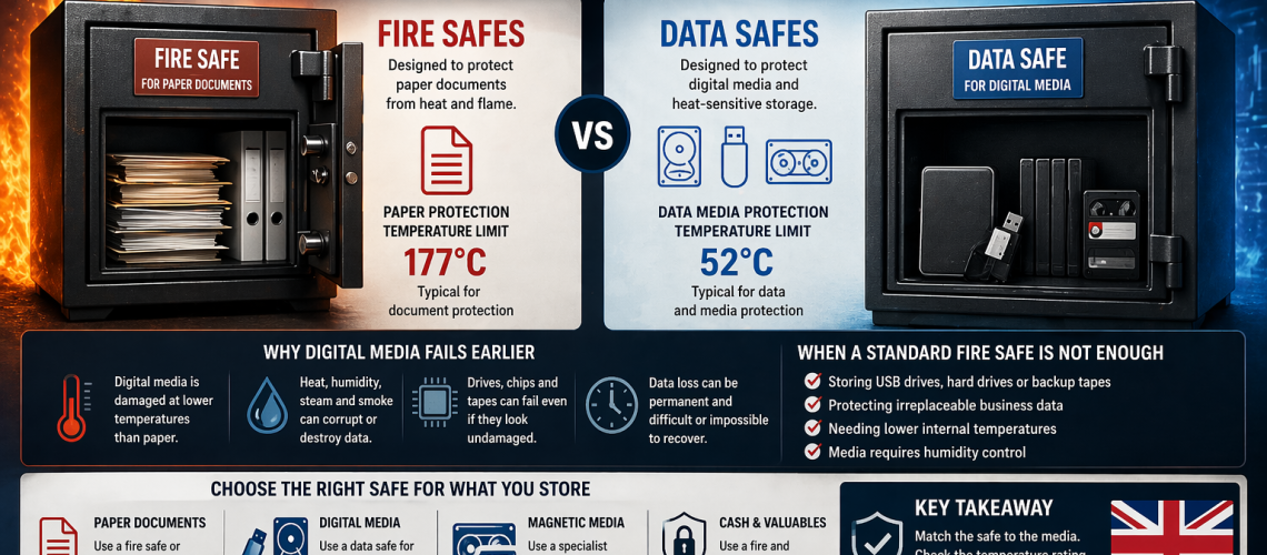Data safe vs fire safe comparison showing paper documents, USB drives, hard drives and media safe temperature limits.