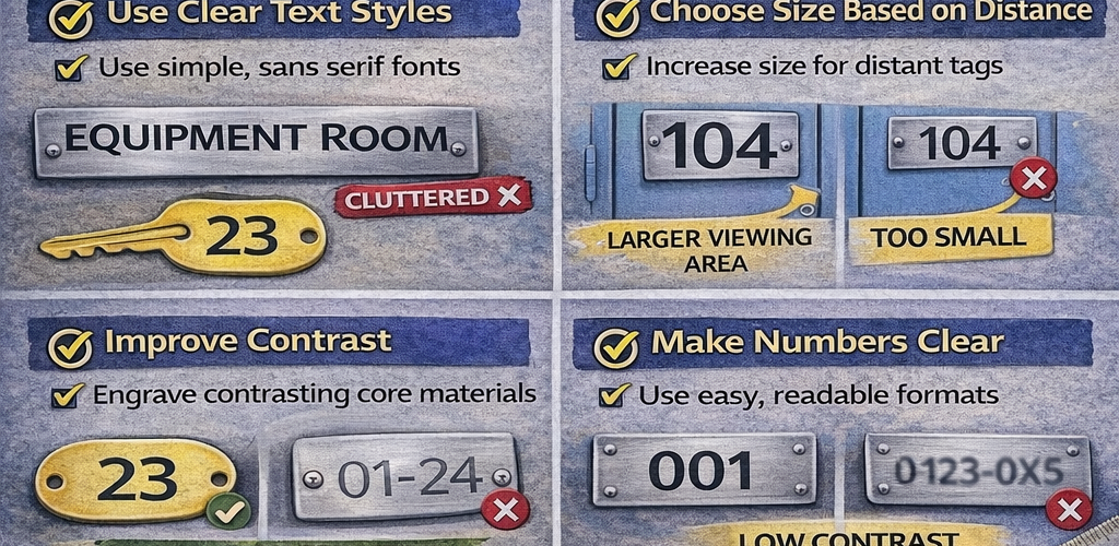 Engraved tags with clear layout, large readable text and strong contrast for lockers, keys and workplace identification