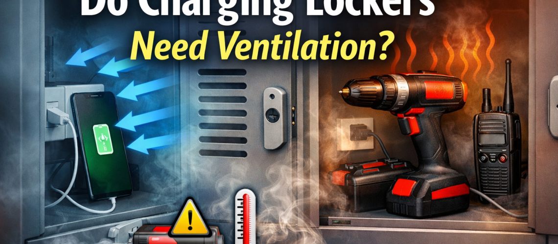 Open charging locker with a phone charging on one side and power tools charging on the other, showing airflow, heat build-up and ventilation cues inside a metal storage unit.