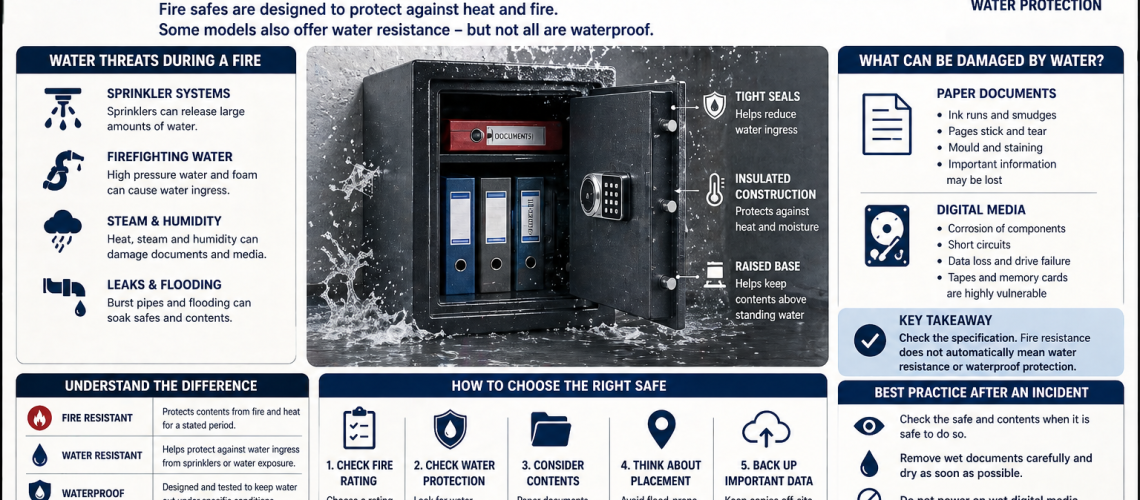 Fire safe exposed to water and steam showing protection of documents and digital media from water damage