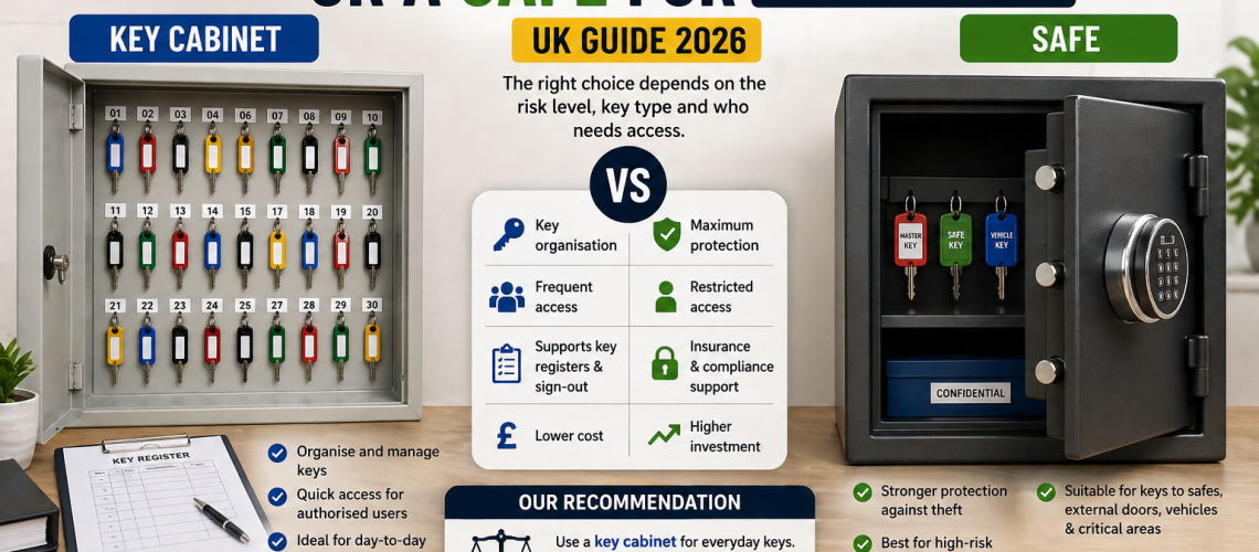 Comparison of key cabinet and safe for key storage showing organised hooks in cabinet and secure locked safe for high-risk keys in UK business setting