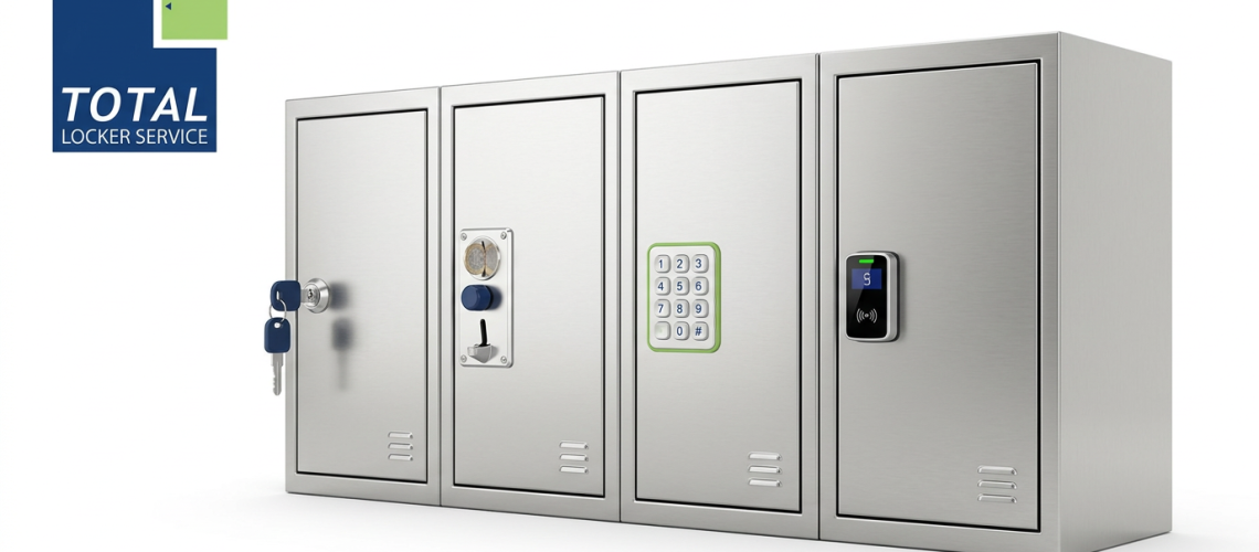 Total Locker Service logo above a clean row of metal lockers showing different locking systems, including key, coin, mechanical code and digital locks.
