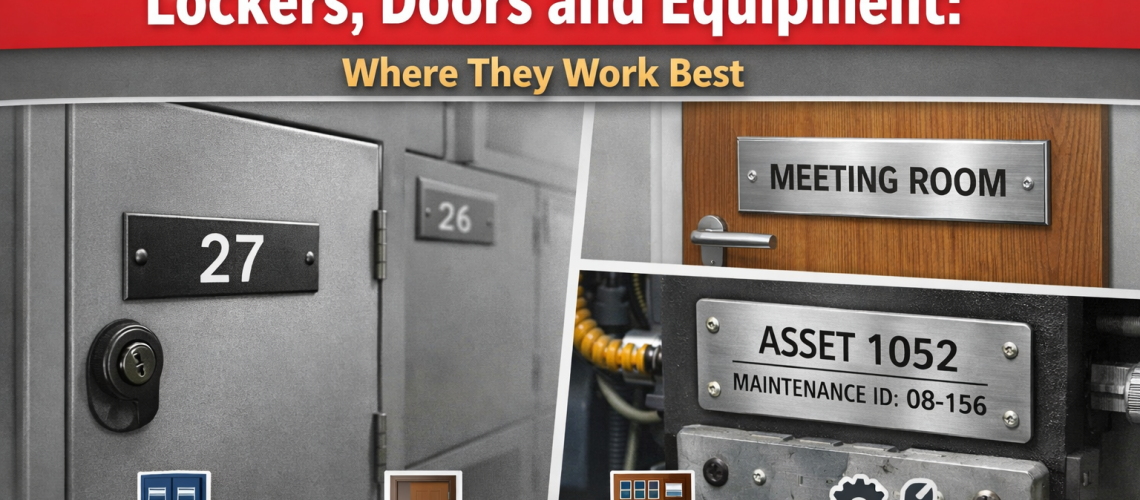 Engraved nameplates shown on lockers, a meeting room door and industrial equipment, illustrating clear identification for workplace storage, rooms and assets