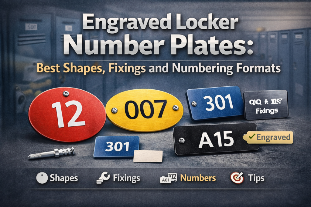 Side-by-side comparison of metal and plastic engraved tags showing finish and readability