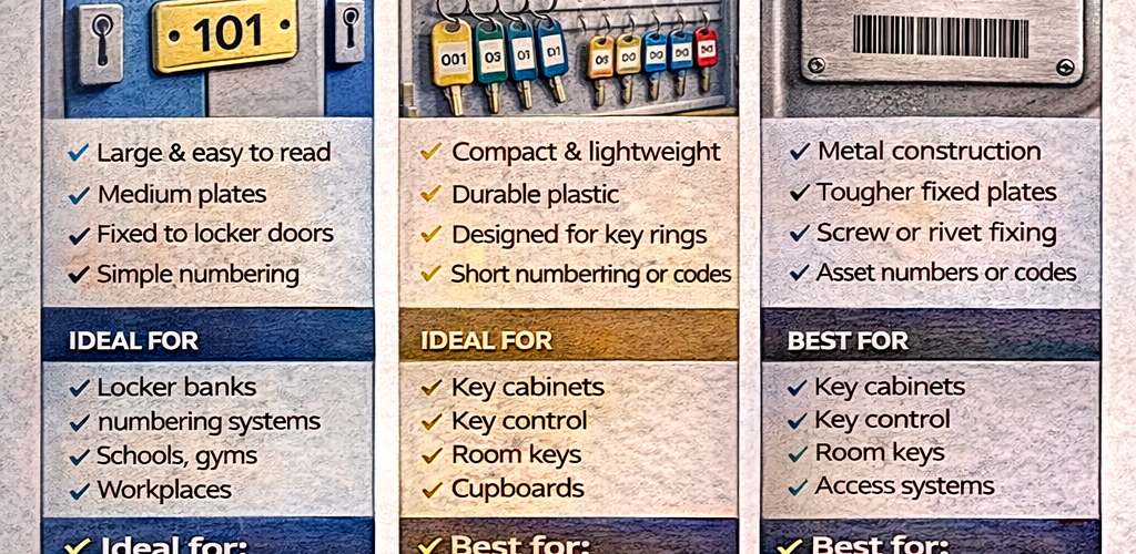 Comparison of engraved locker tags, key tags and equipment plates showing different sizes, shapes and applications