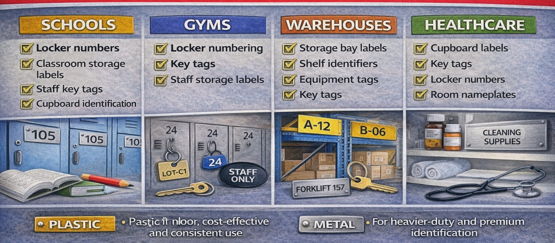 Engraved tags used across different industries including school lockers, gym lockers, warehouse storage and healthcare cabinets