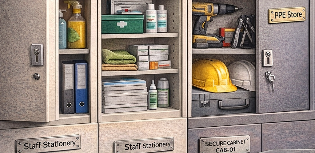 Engraved labels fixed to workplace cupboards and cabinets showing clear storage identification and organisation