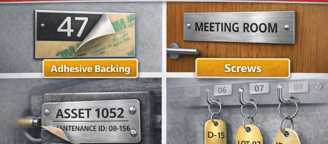 Comparison of plastic and metal engraved tags showing differences in durability, appearance and typical workplace uses