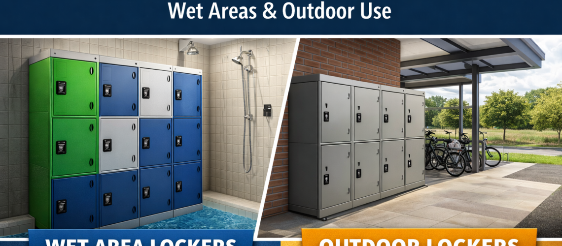 Wet area and outdoor lockers installed in a leisure centre and external UK setting showing durable storage solutions
