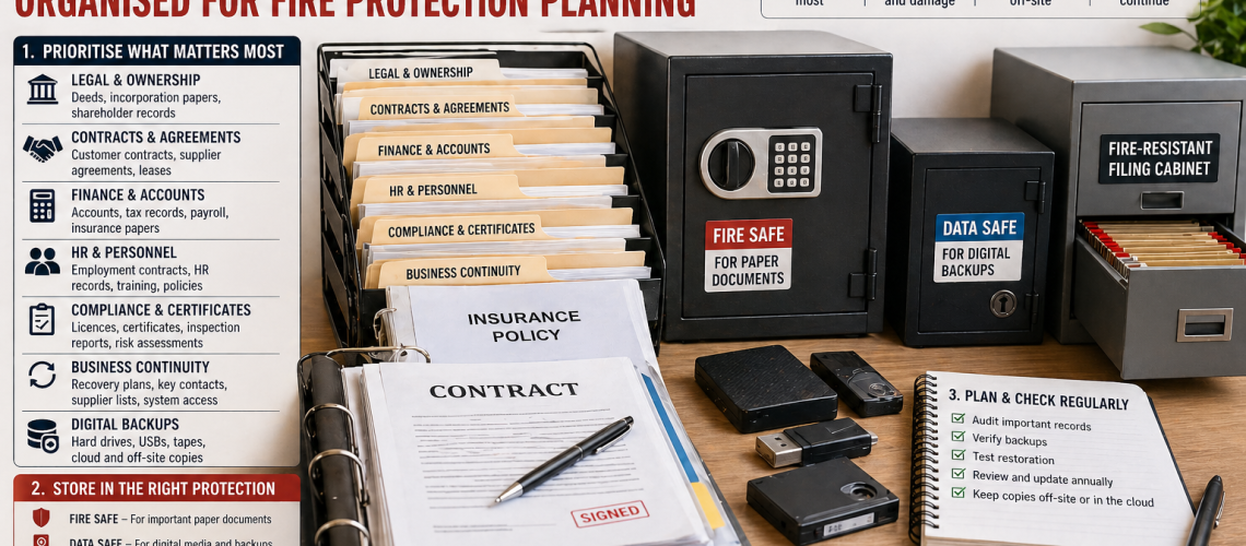 Business documents, contracts and digital backups organised for fire protection planning with safe storage systems