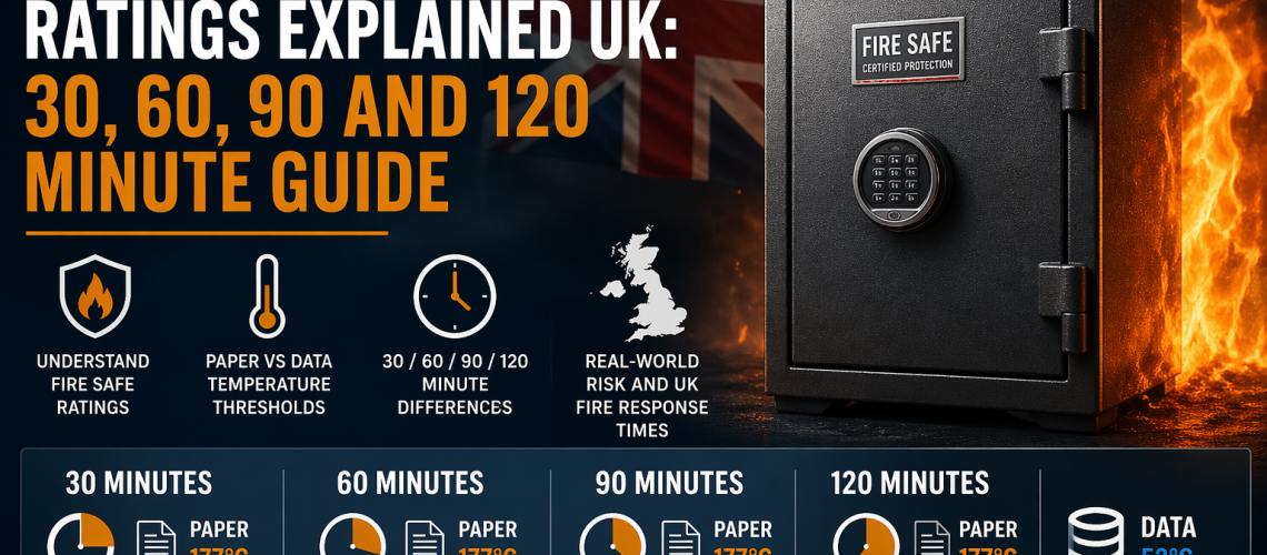 Infographic of UK fire safe ratings showing 30–120 minute protection, paper at 177°C and data at 52°C, with a fireproof safe against flames.