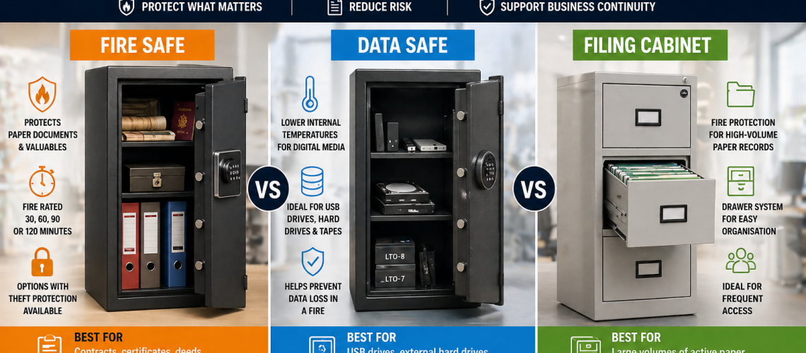 Fire safe, data safe and fire-resistant filing cabinet comparison showing paper documents, digital media and business records.