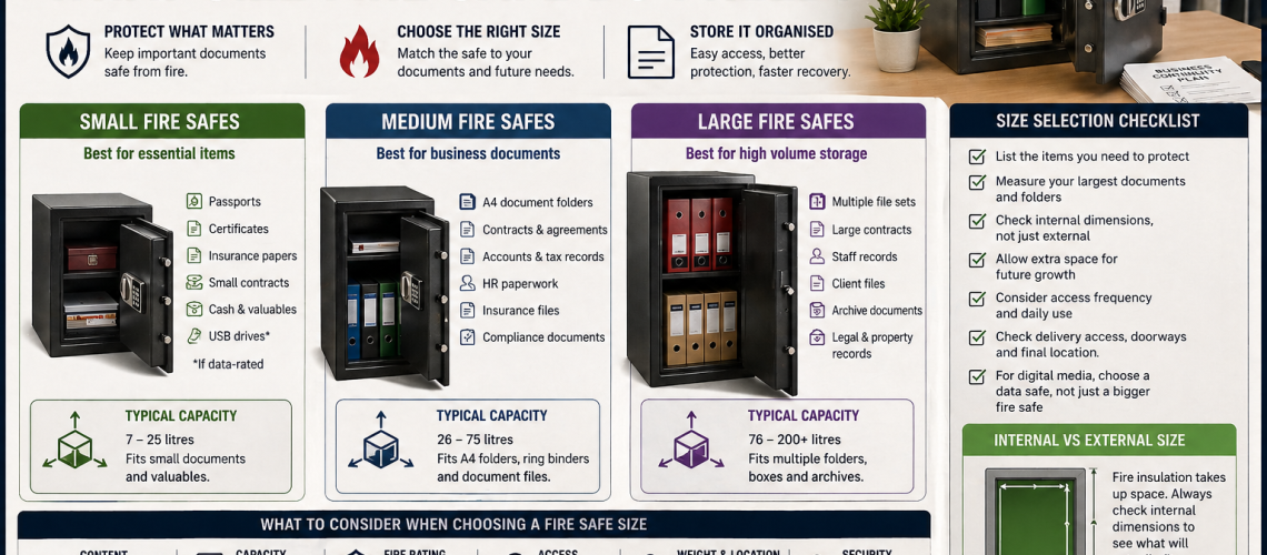 Fire safe size guide showing small medium and large safes with document and storage capacity comparison