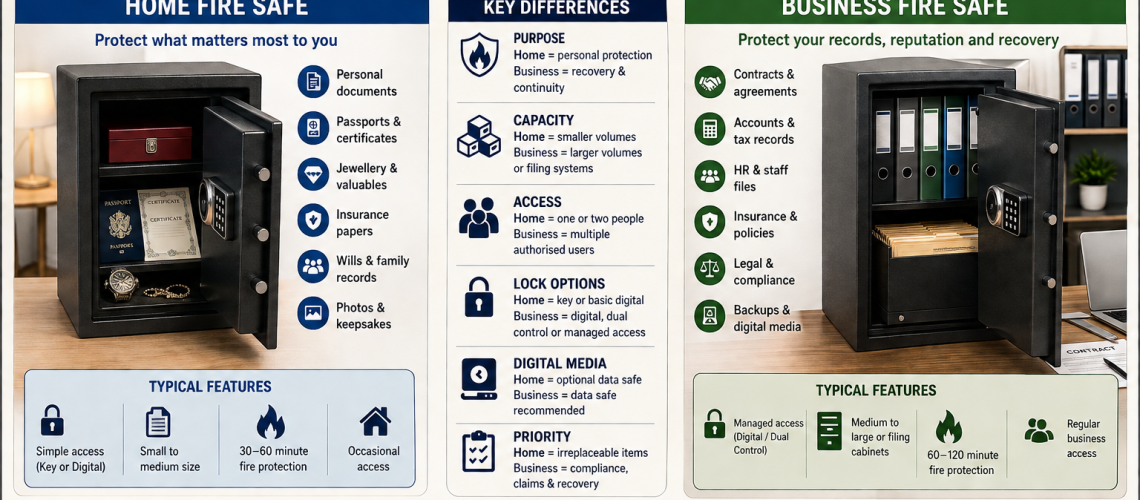 Fire safe for home vs business comparison showing differences in document storage, access control, capacity and digital backup protection