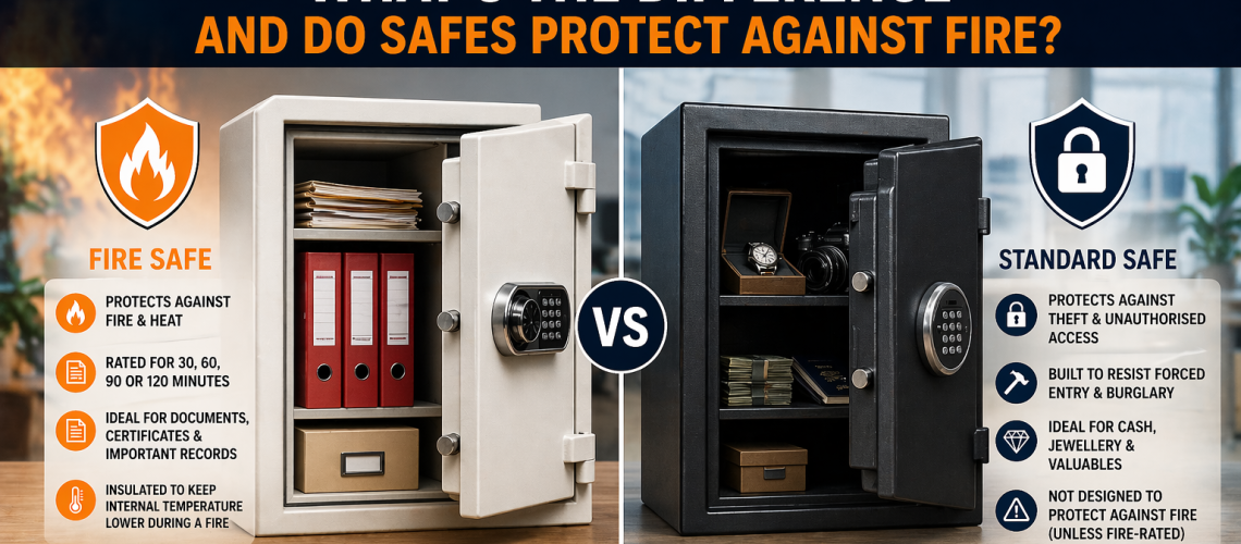 Fire safe and standard safe comparison showing document protection against fire versus theft protection for valuables.