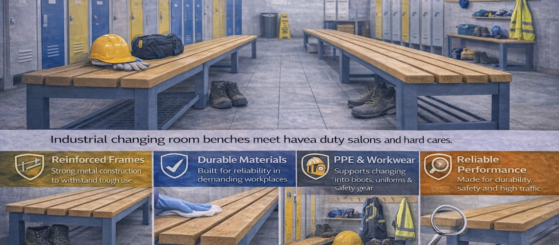 Heavy duty changing room benches in an industrial workplace with lockers and PPE storage