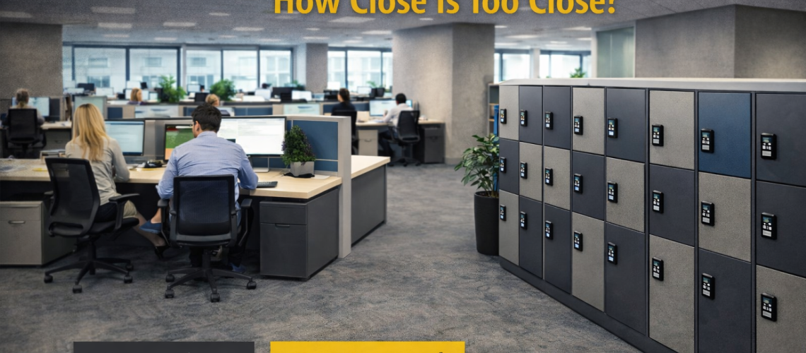 Office locker banks positioned near hot-desking areas in a hybrid workplace with clear staff flow and organised shared storage