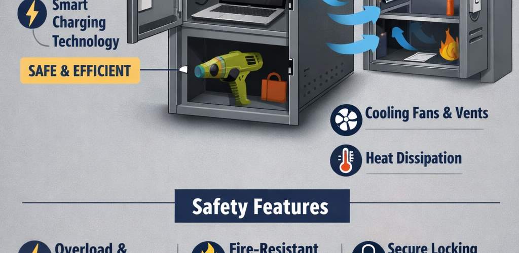 Infographic showing how charging lockers work, including built-in power sockets and USB ports, smart charging systems, ventilation with cooling fans and airflow, and safety features such as surge protection, fire-resistant construction, and secure locking for laptops, tablets and tools.