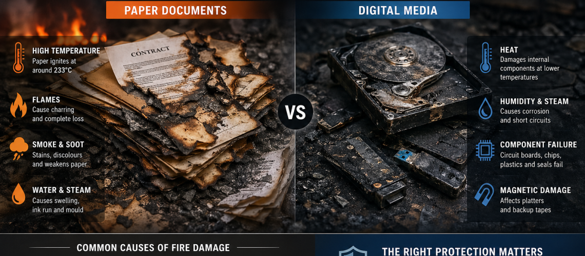 Fire damage comparison showing burned paper documents and heat-damaged hard drives to illustrate why data safes differ from fire safes
