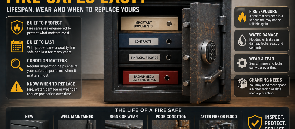 Fire safe showing wear over time with seals, lock and door condition illustrating lifespan and maintenance factors