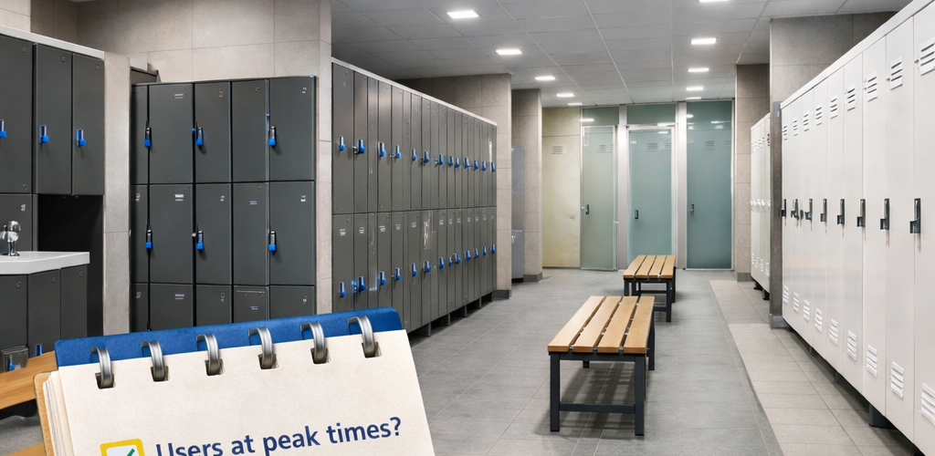 Modern UK locker room design with lockers, benches and clear layout planning