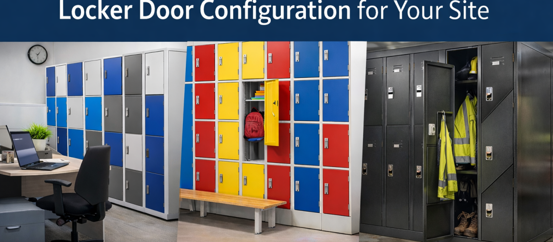 Locker door configurations including one-door, multi-door and Z lockers in workplace, school and commercial settings