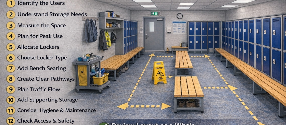 Locker room design layout showing lockers, benches and clear walkways in a planned space