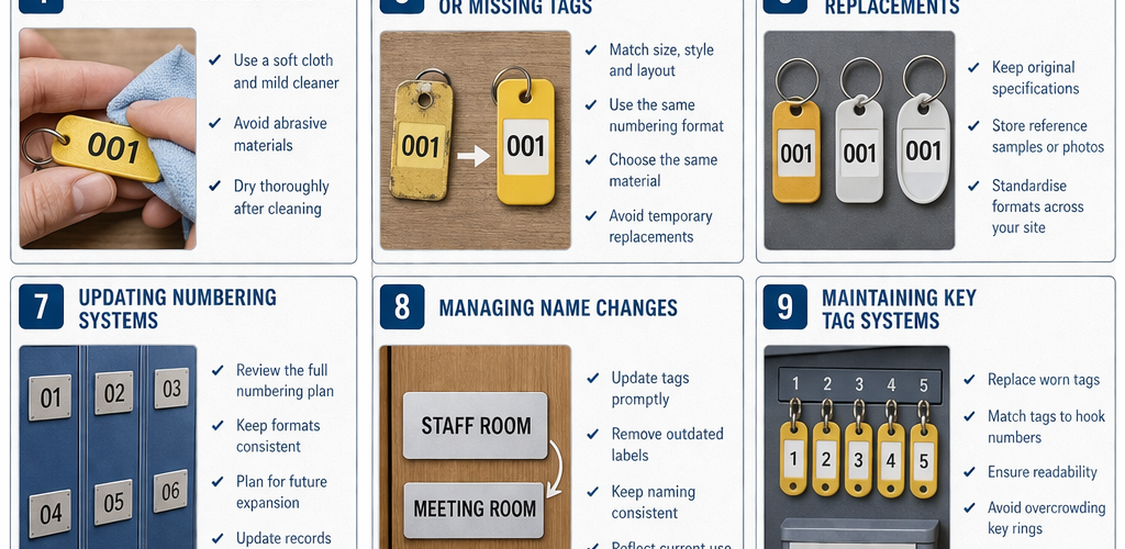 Guide showing how to maintain and replace engraved tags for lockers, key cabinets and workplace identification systems