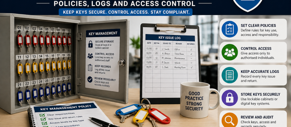 Workplace key management system showing secure key cabinet, key issue log sheet and controlled access procedure in a UK office