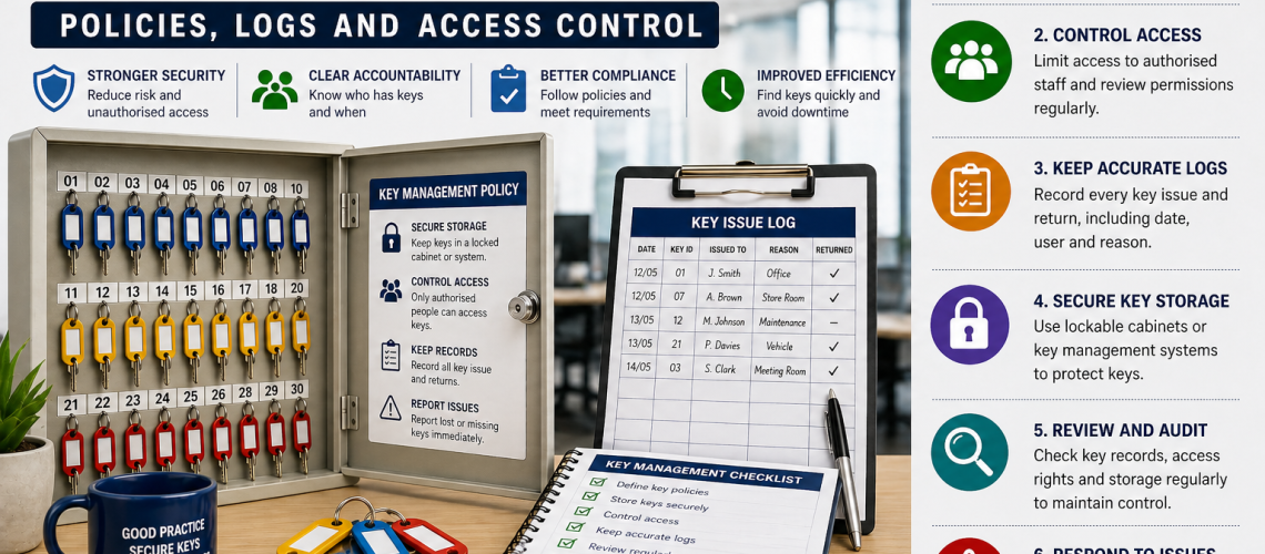 Workplace key management infographic showing a lockable key cabinet with labelled hooks, a key issue log sheet and policy checklist, illustrating secure storage, access control, logging and audit procedures in a business environment