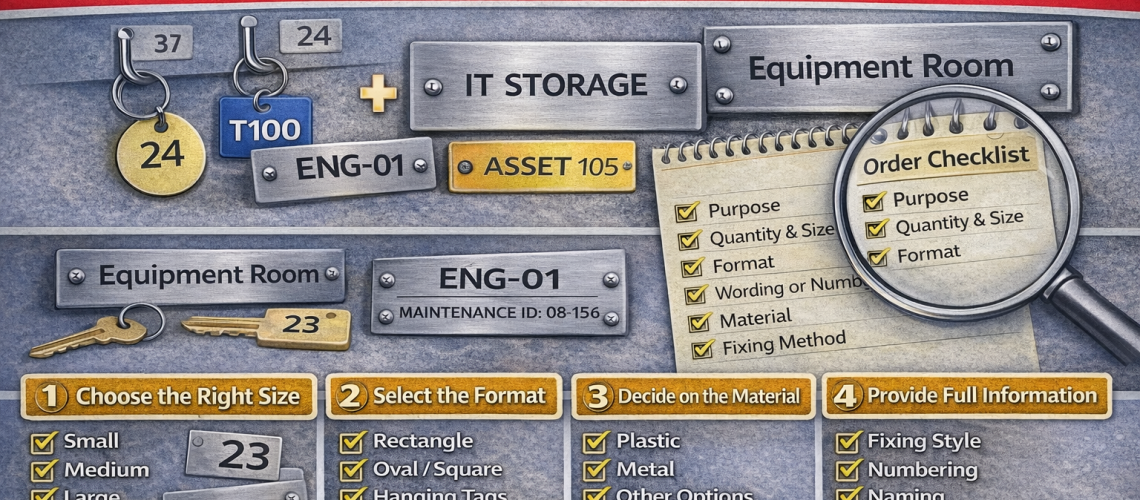 Selection of engraved tags in different sizes and formats for lockers, keys, cabinets and workplace identification