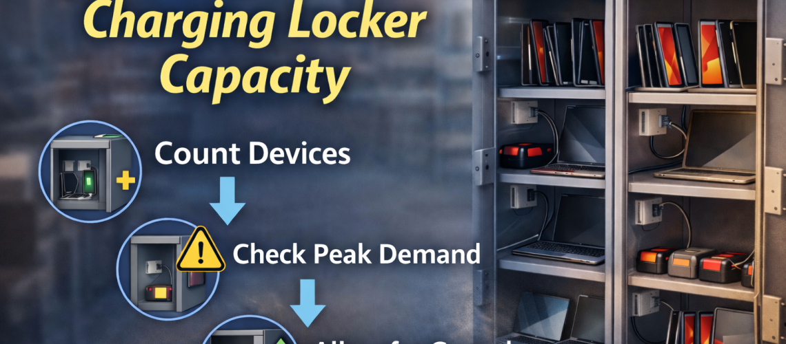 Charging locker with multiple compartments filled with laptops, tablets and devices showing capacity planning in a workplace or school