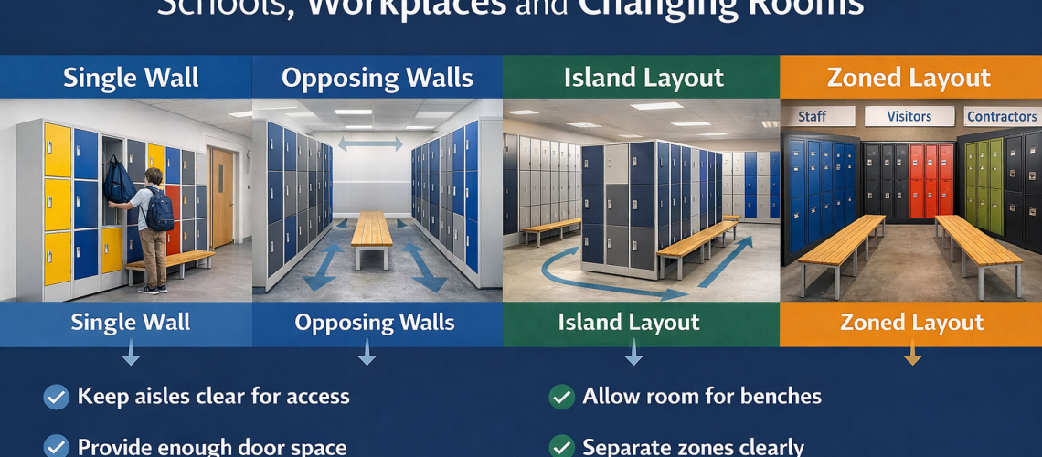Locker layout planning diagram showing single wall, opposing wall, island and zoned locker arrangements for schools, workplaces and changing rooms