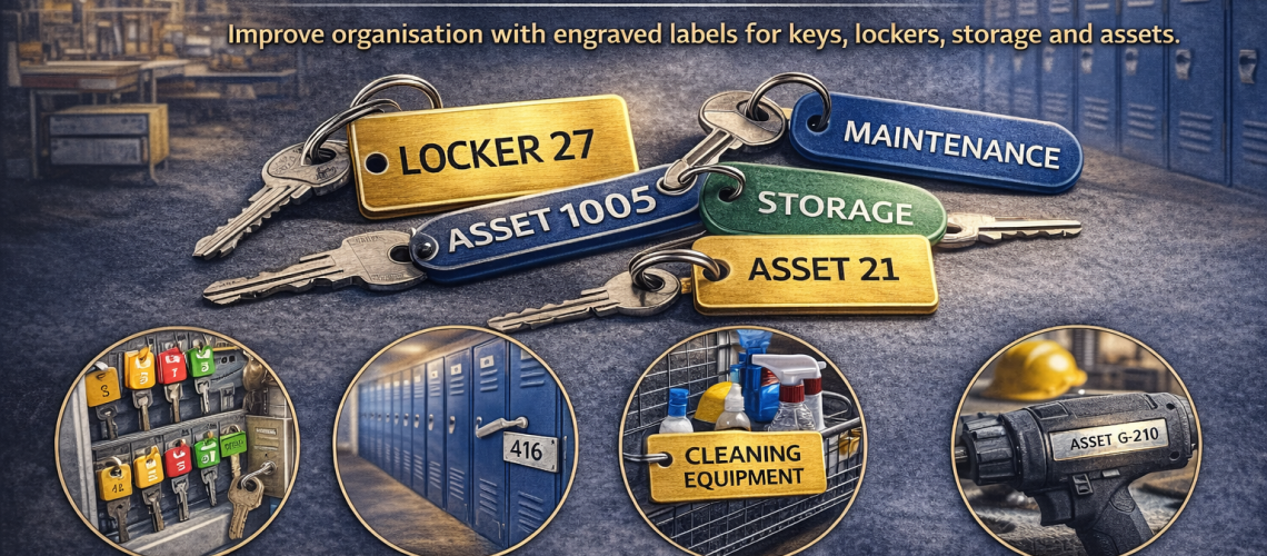 Infographic showing how engraved tags are used for key identification, locker numbering, storage labelling and asset tracking in workplaces
