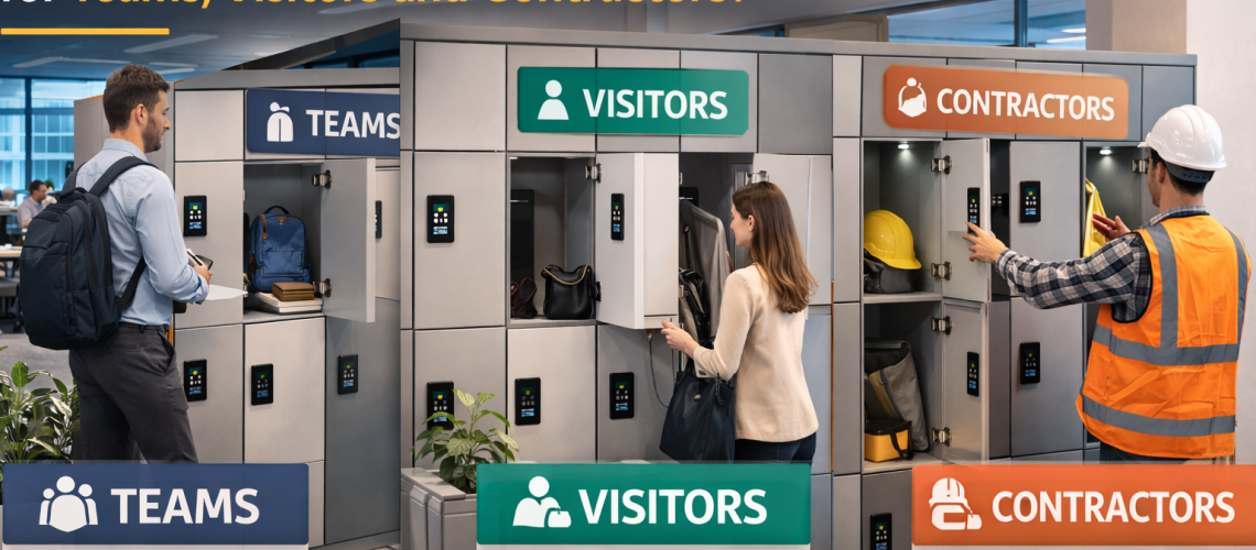 Hybrid office locker zones showing separate storage areas for staff, visitors and contractors in a modern workplace