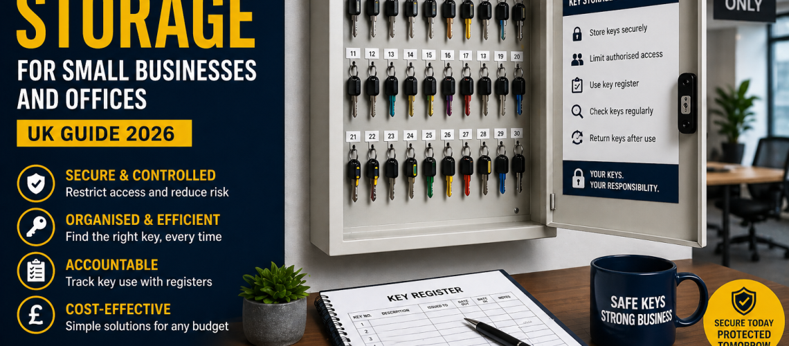 Wall-mounted key cabinet in small business office showing organised keys, numbered tags and secure storage system for workplace key management