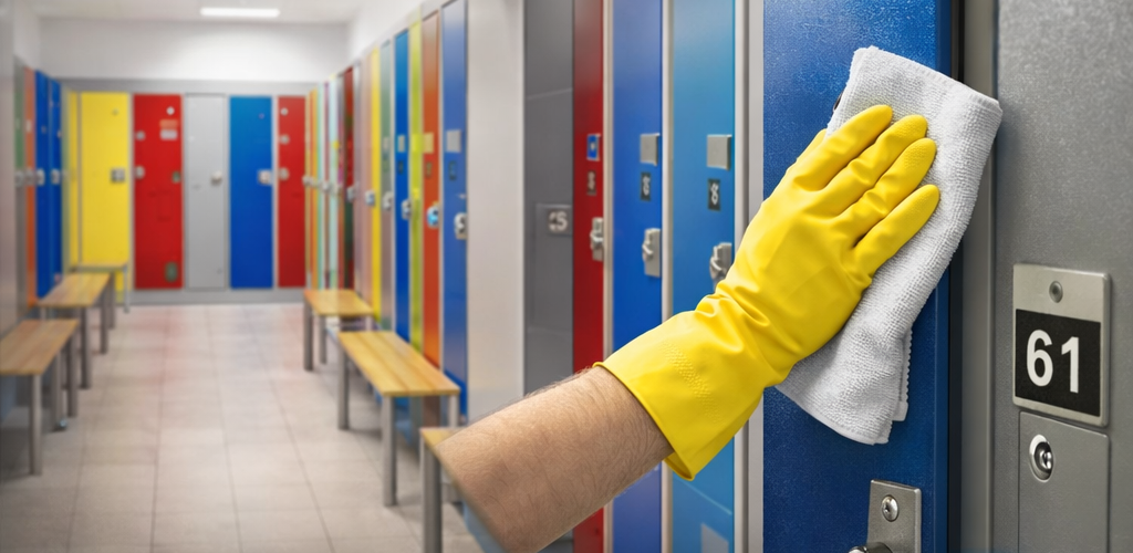 Clean and organised locker area with lockers, benches and clear walkways in a school or workplace setting