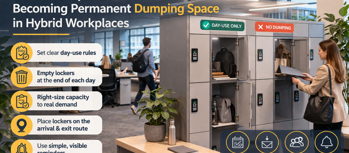 Office lockers in a hybrid workplace showing clear day-use storage with no clutter or long-term items left inside