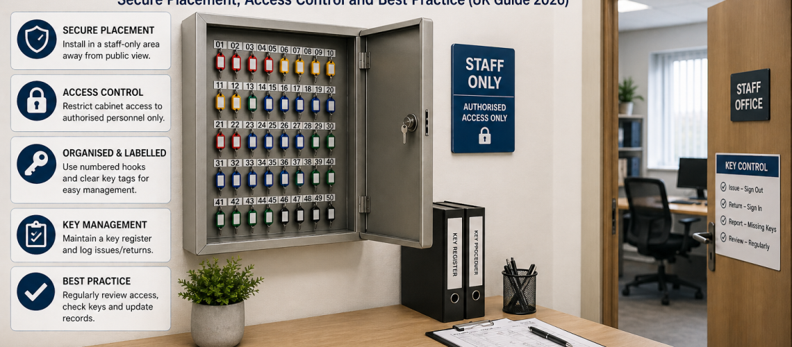 Wall-mounted key cabinet installed in a secure staff-only office showing organised keys, controlled access and structured workplace key management setup