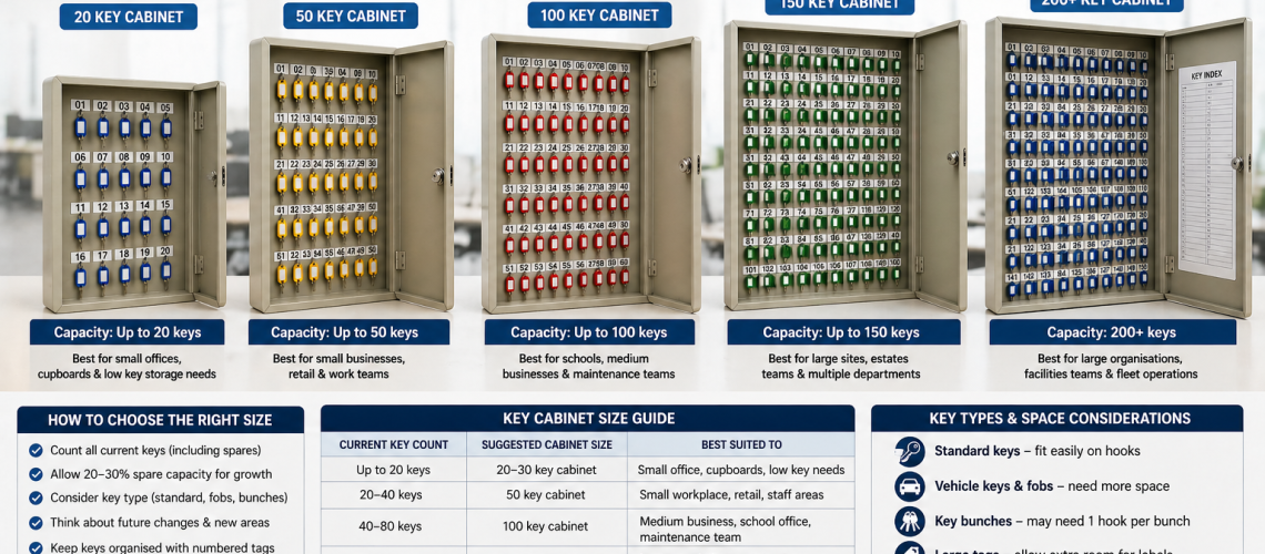 Key cabinet showing different sizes and capacity with numbered hooks and labelled keys organised in a business key storage system