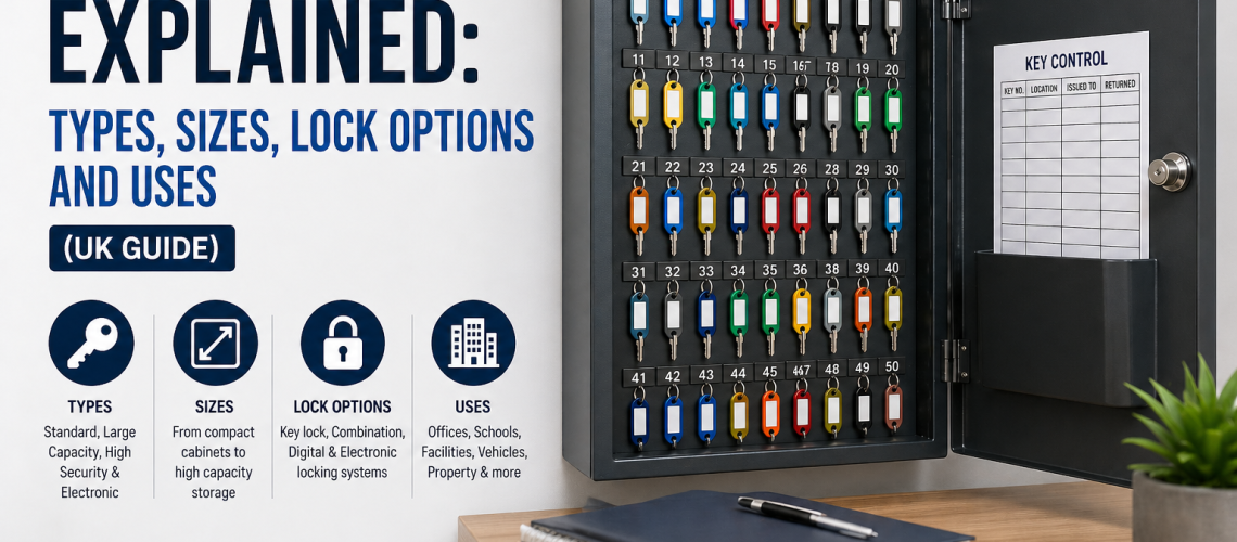 key cabinets UK showing organised key storage cabinet with numbered hooks and secure locking door