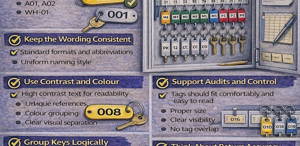 Key cabinet with engraved key tags organised by clear numbering system for easy identification and asset control