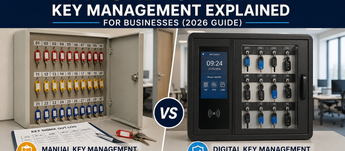 Key control system with manual key cabinet and digital key management unit in a UK workplace