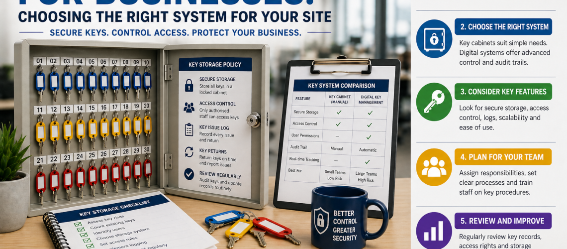 Business key storage system showing a lockable key cabinet with labelled hooks and organised key management setup in a workplace environment